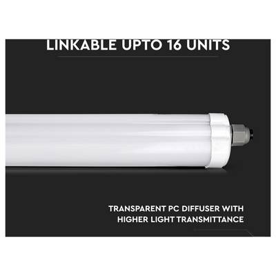 Eine lange LED-Röhrenleuchte mit Text 'Bis zu 16 Einheiten verbindbar' oberhalb. Darunter steht 'Transparenter PC-Diffusor mit höherer Lichtdurchlässigkeit'.