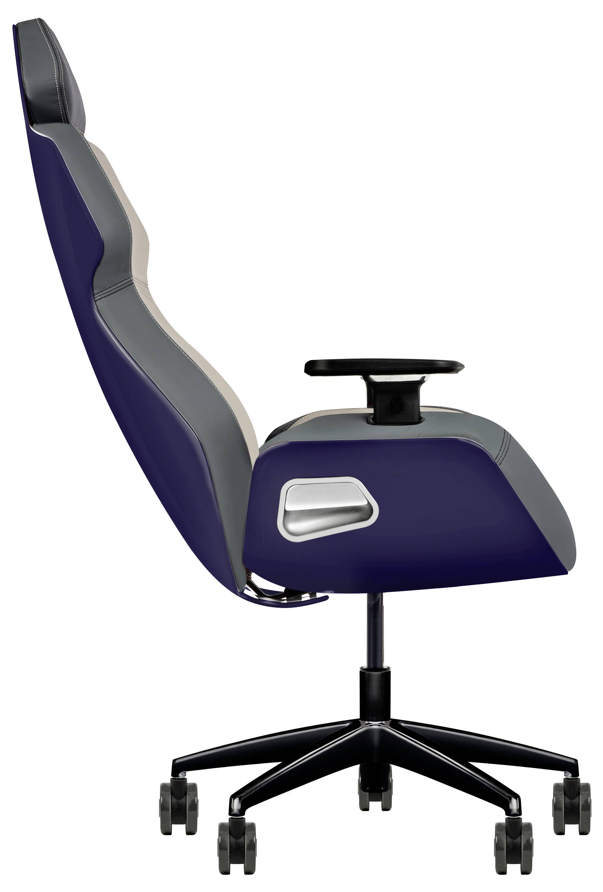 Ergonomischer Bürostuhl mit verstellbaren Armlehnen, hoher Rückenlehne und Fünfsternfuß für Mobilität, entwickelt für Komfort und Unterstützung.