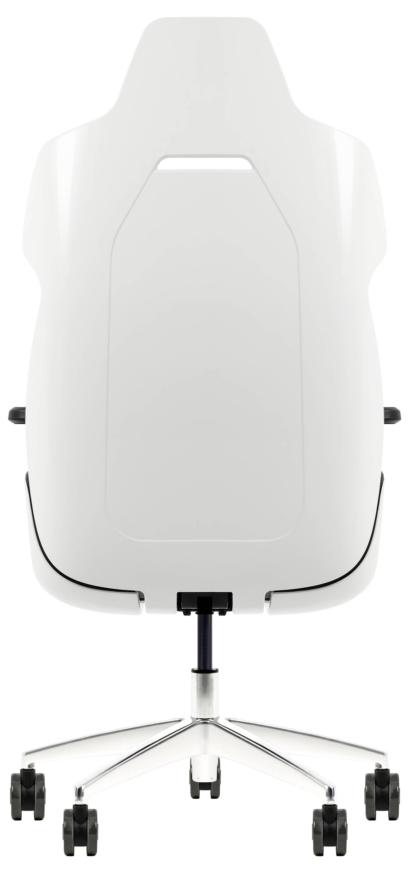 Ein schlanker, moderner weißer Bürostuhl mit hoher Rückenlehne und Metallfuß, von hinten betrachtet, mit glatter, minimalistischer Gestaltung.