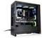Ein Gaming-Desktop-Computer mit sichtbarer 'GeForce RTX' Grafikkarte und bunter RGB-Beleuchtung im transparenten Gehäuse.