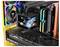 Das Bild zeigt das Innenleben eines Custom-Gaming-PCs mit RGB-Beleuchtung, ausgestattet mit einer GeForce RTX-Grafikkarte, Kühlsystem und Kabeln.