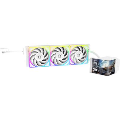 Thermaltake Kühlsystem mit drei RGB-Lüftern und einem digitalen Display, das die CPU-Temperatur und Lüfterdrehzahl anzeigt.