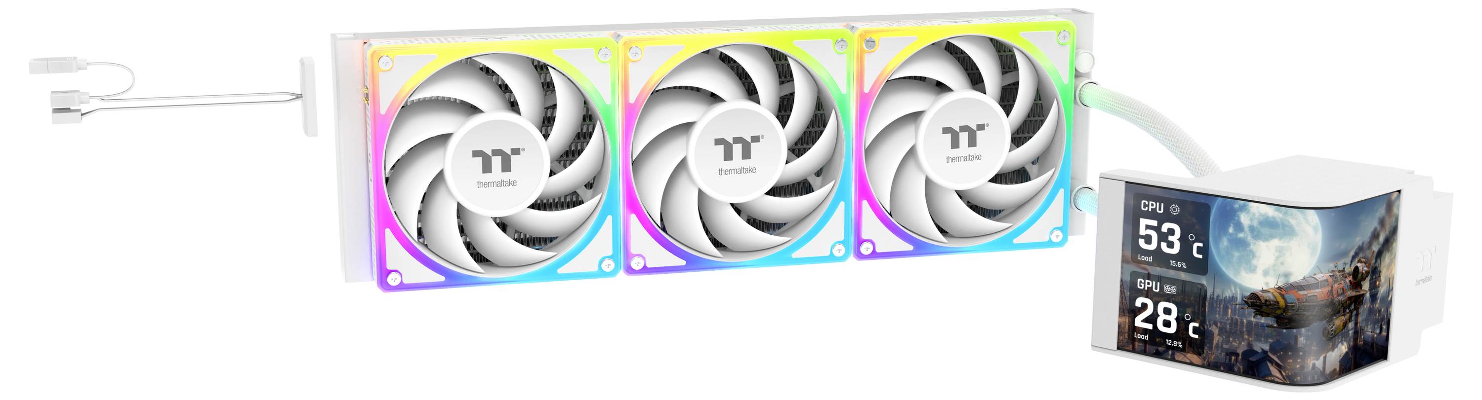 Ein weißes Kühlgerät mit drei beleuchteten Lüftern und einer Anzeige, die eine CPU-Temperatur von 53°C und eine Lüfterdrehzahl von 28°C zeigt.