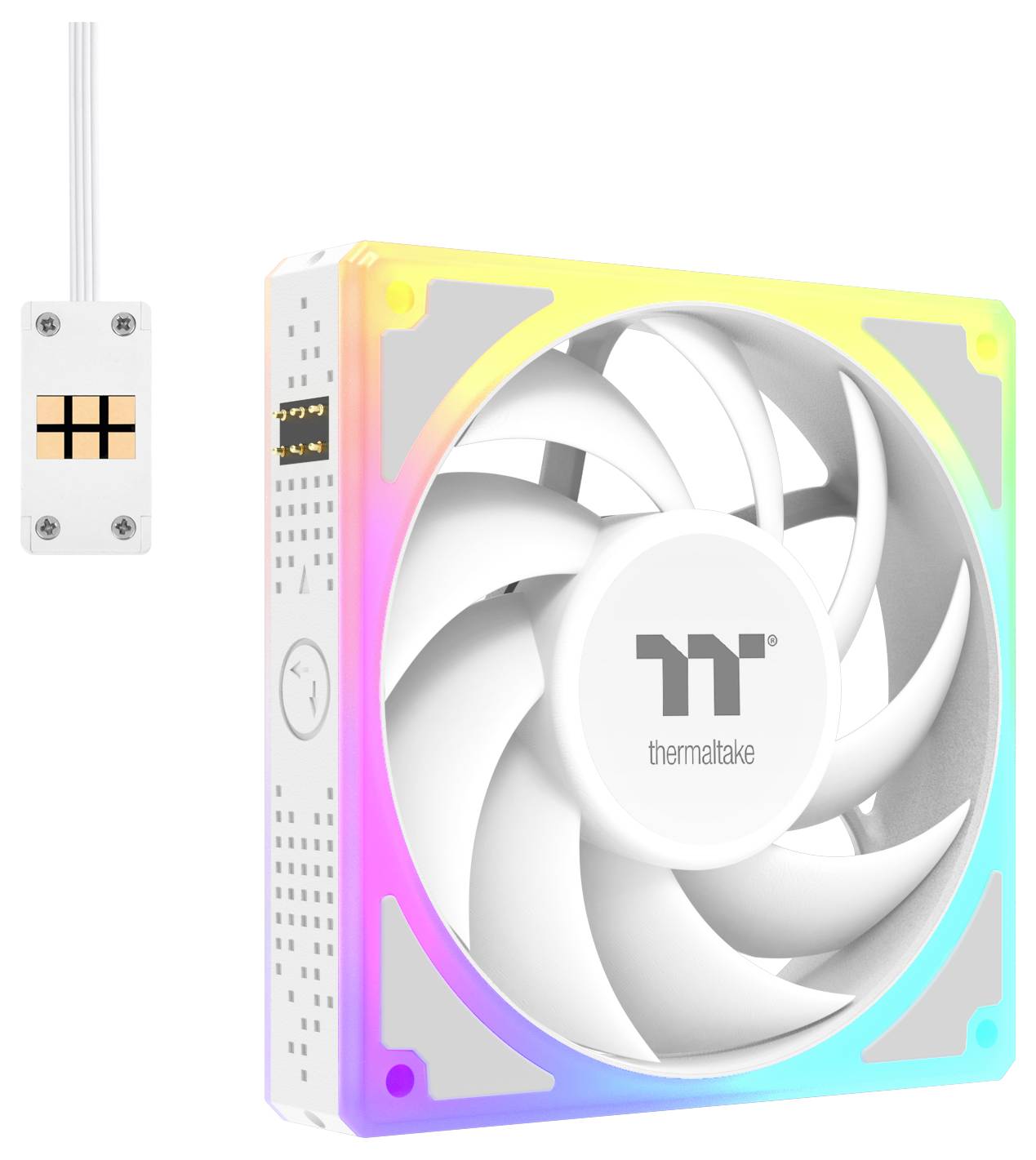 Ein weißer Computerlüfter mit Regenbogen-LED-Beleuchtung, mit der Aufschrift "Thermaltake", mit einer Steuerungseinheit auf der linken Seite.