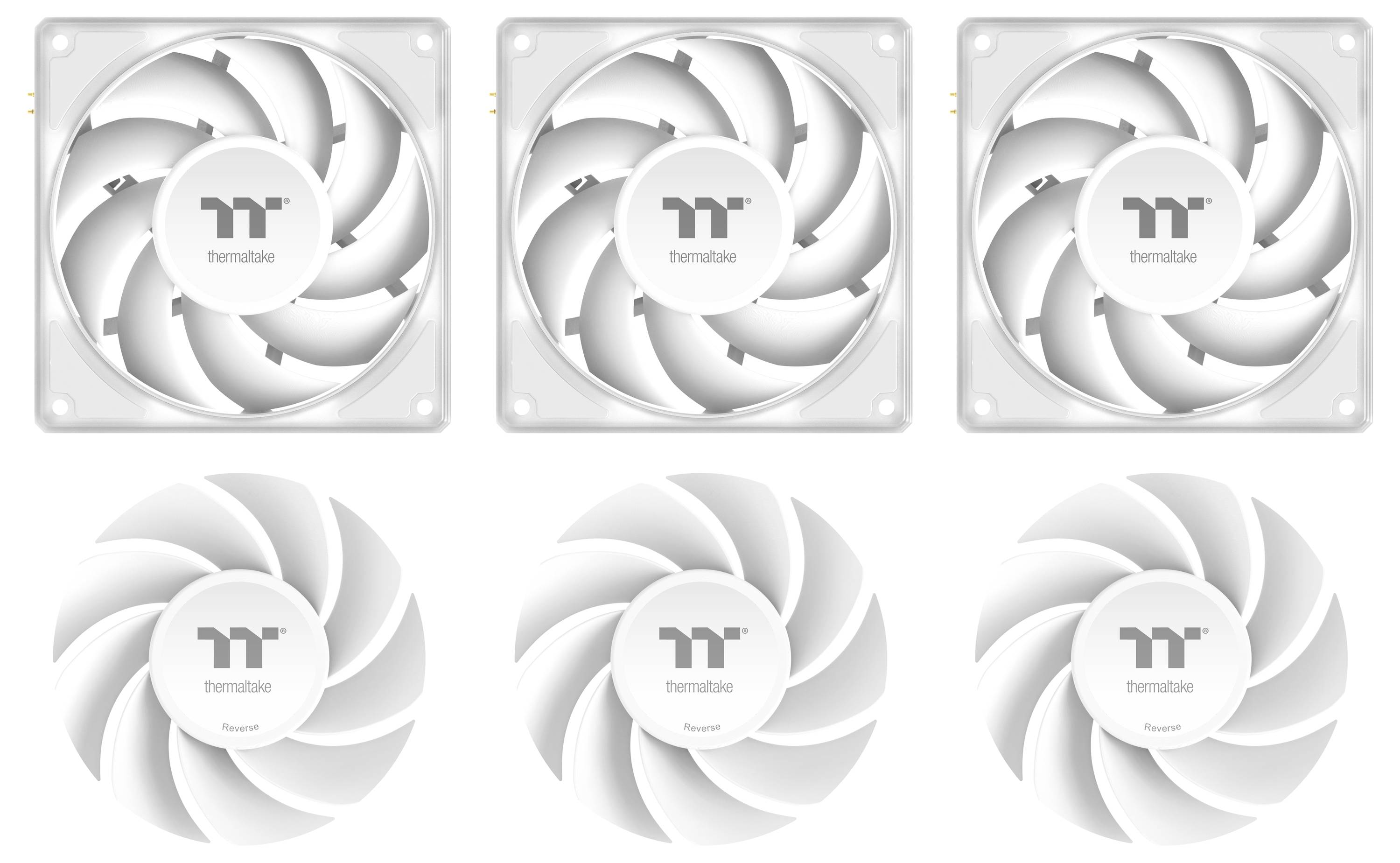 Drei weiße Computer-Kühlventilatoren, Frontansicht, mit der Beschriftung "Thermaltake" und Logo, gefolgt von drei Nahaufnahmen der Lüfterblätter darunter.