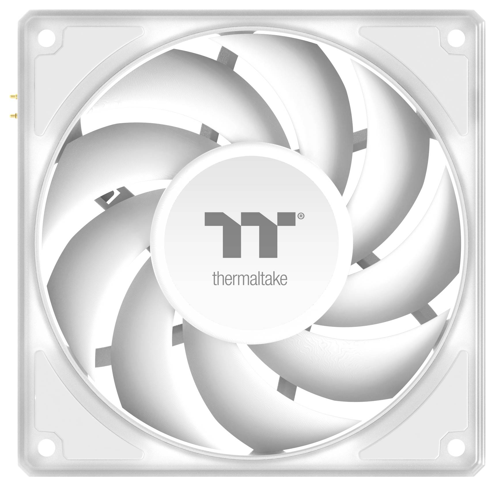 Ein weißer, quadratischer Computer-Kühlventilator mit einem zentralen Logo, auf dem "Thermaltake" steht. Die Flügel sind gebogen und für eine effiziente Luftzirkulation konzipiert.