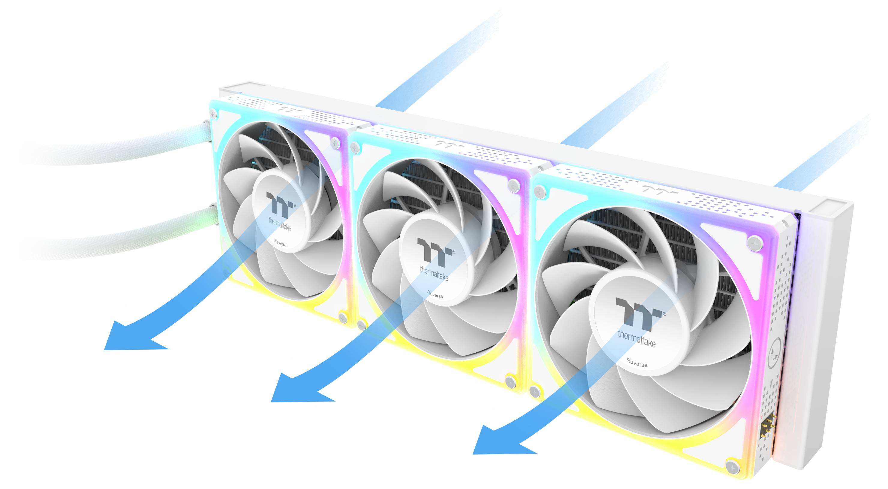Drei Computerlüfter mit blauen Luftstrompfeilen, die die Kühlungsrichtung von rechts nach links anzeigen.