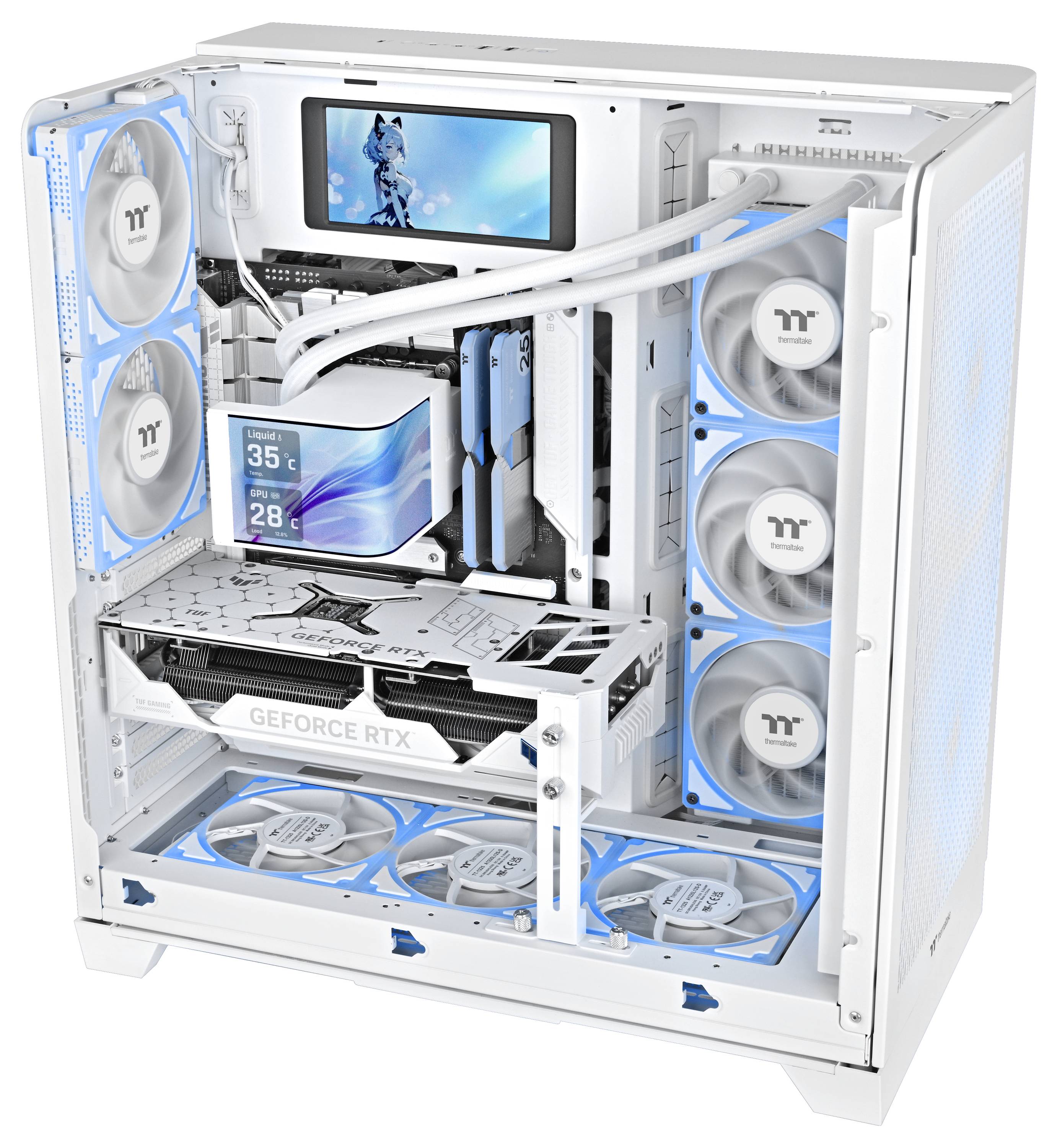 Ein weißer Computertower mit sichtbaren Kühlventilatoren, Kühlflüssigkeitsschläuchen und einem internen Display, das Systemtemperaturen und eine animierte Grafik zeigt.