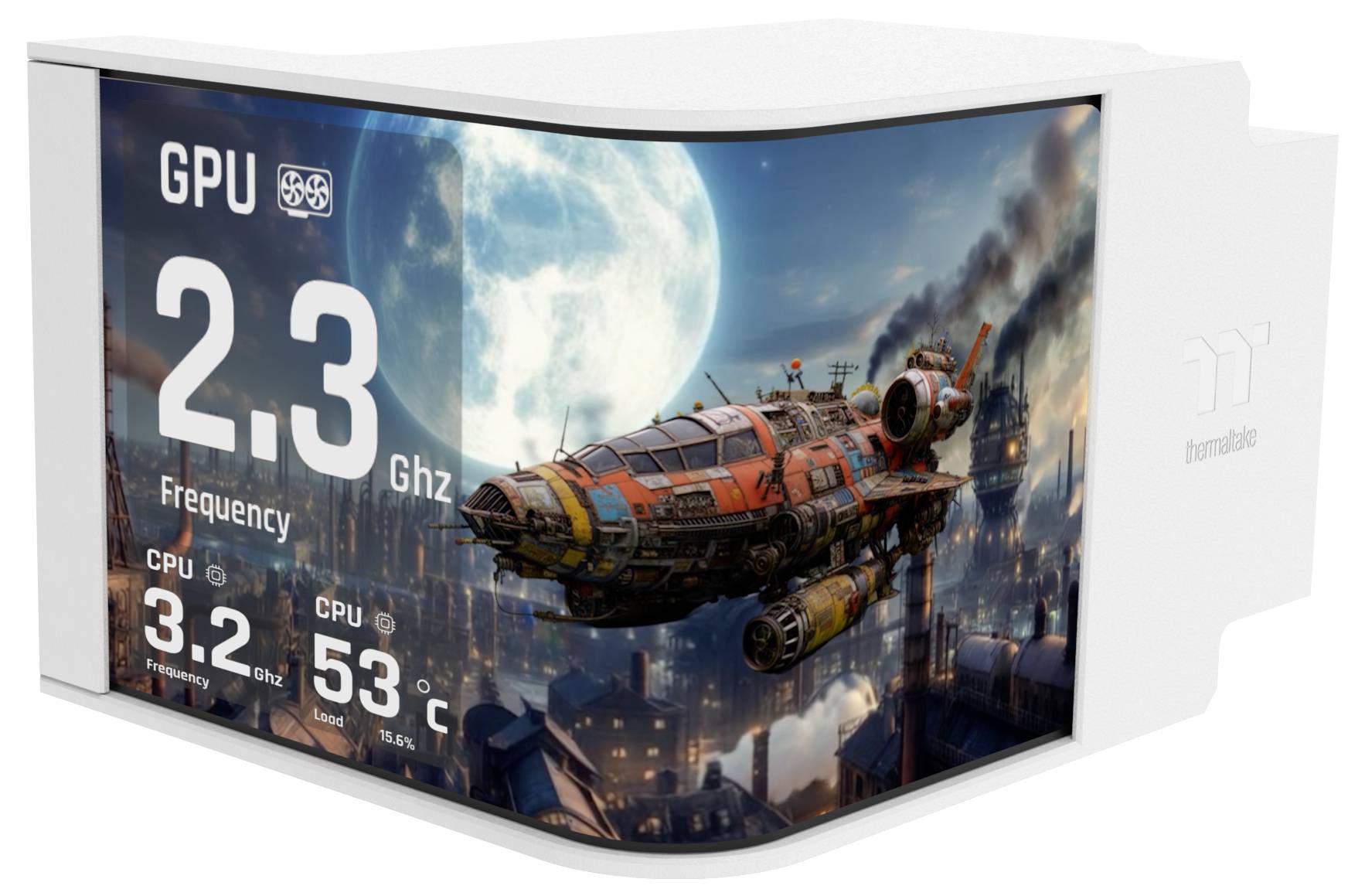 Das Bild zeigt ein futuristisches Raumschiff, das über einer Stadtlandschaft fliegt, dargestellt auf einem GPU-Überwachungsgerät mit Ablesungen: 2,3 GHz Frequenz, 3,2 GHz CPU, 53°C Temperatur.