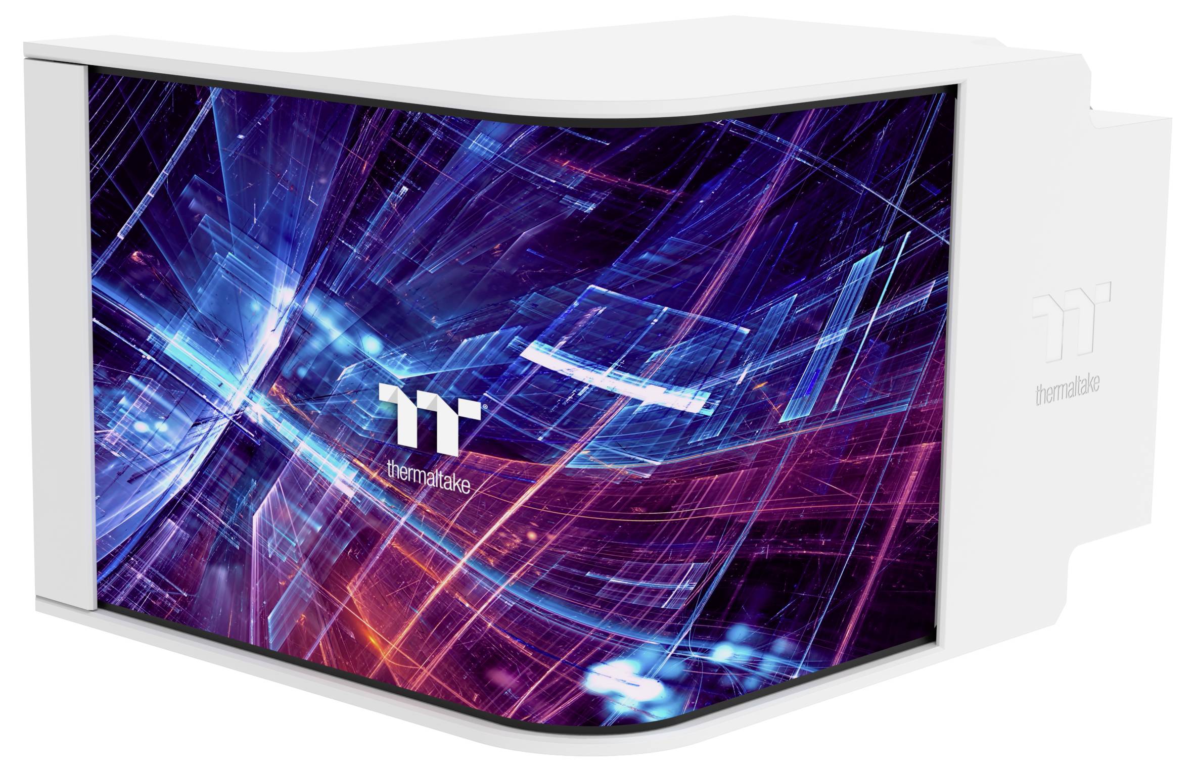 Ein futuristisches, mehrfarbiges abstraktes Design auf einem weißen Gerät mit dem 'Thermaltake' Logo, das Technologie und Innovation andeutet.