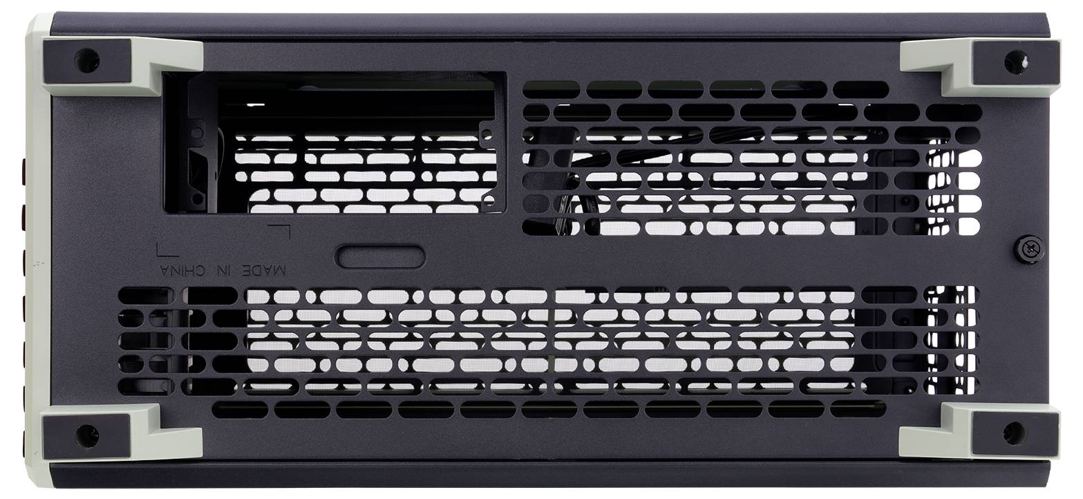 Eine rechteckige elektronische Gerätekomponente mit einem schwarzen Maschenkäfig und grauen Eckenakzenten, möglicherweise ein Kühlpanel oder Lüftungselement.