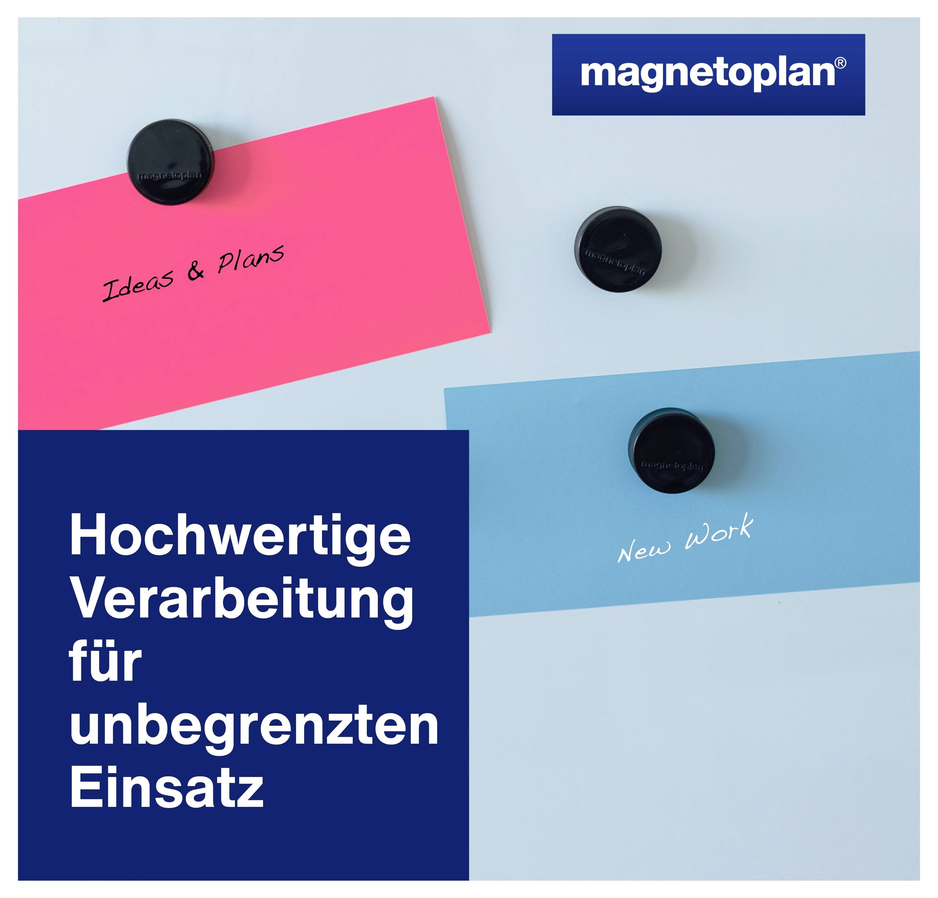 Eine rosa und eine blaue Notiz, die von Magneten an einer Tafel befestigt sind, mit den Beschriftungen "Ideen & Pläne" und "Neue Arbeit". Der deutsche Text beschreibt hochwertige Nutzung.