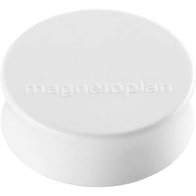 Ein rundes, weißes magnetisches Objekt mit dem Aufdruck "magnetoplan" auf der Oberfläche, das höchstwahrscheinlich dazu dient, Gegenstände an einer magnetischen Fläche wie einem Whiteboard zu befestigen.