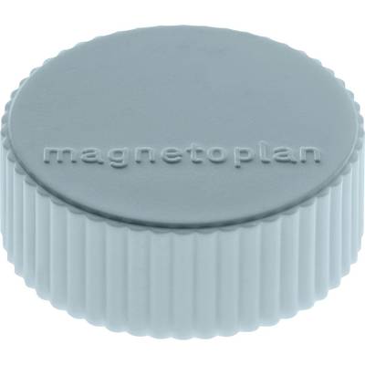 Ein hellblauer runder Magnet mit gerillten Kanten und dem Wort 'magnetoplan', das in seine flache Oberfläche eingeprägt ist.