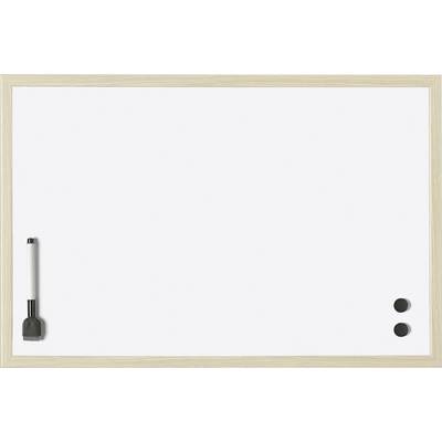 Eine leere Whiteboard mit helzem Holzrahmen, zwei runden Magneten in der unteren rechten Ecke und einem Whiteboard-Marker in einem Halter auf der linken Seite.