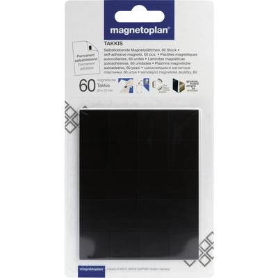 Packung mit 'Takkis' Selbstklebemagneten von Magnetoplan, enthält 60 schwarze, quadratische Magnete. Text auf der Verpackung in mehreren Sprachen.