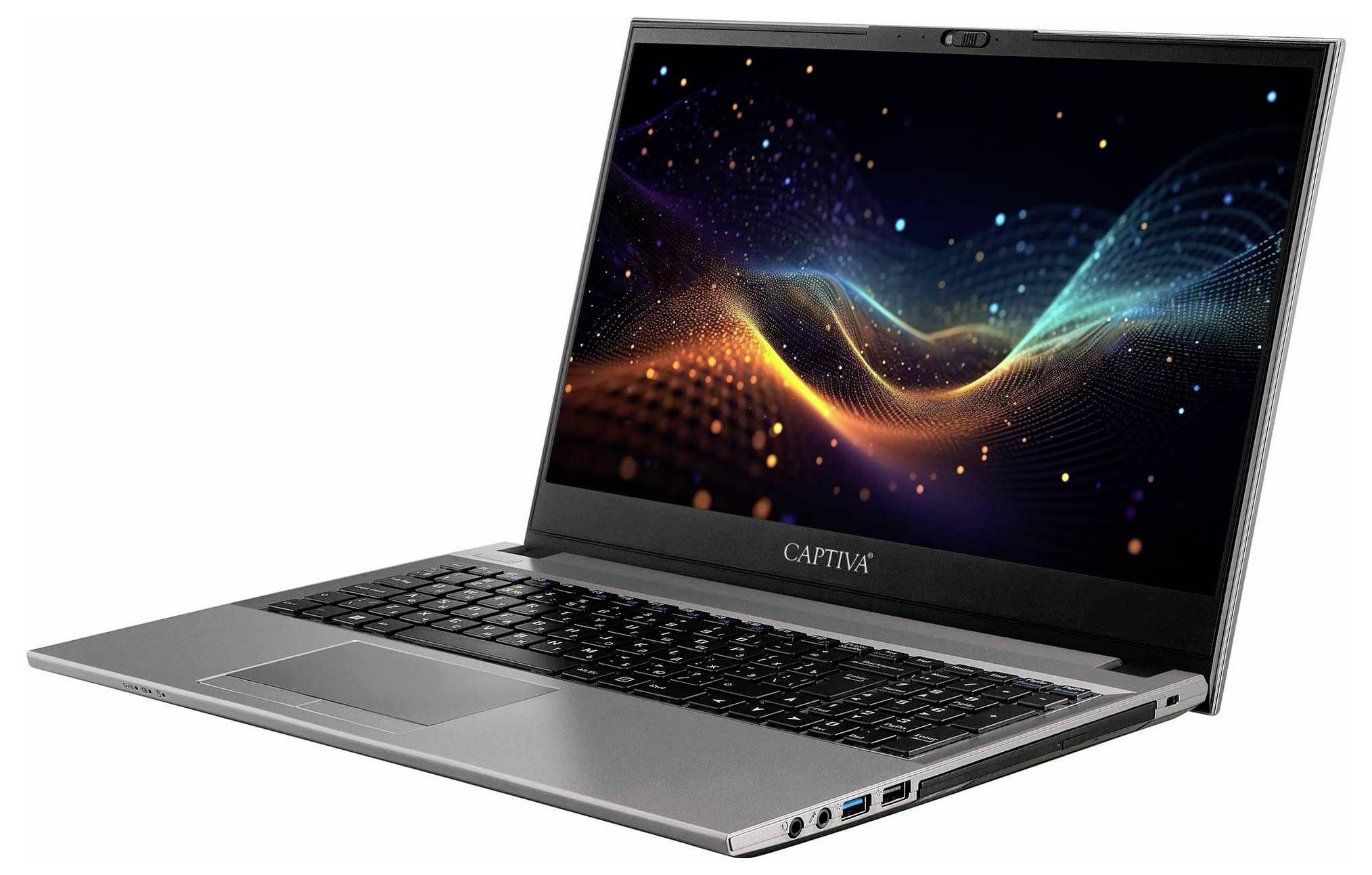 Ein Laptop, der ein lebendiges, abstraktes Grafikbild auf dem Bildschirm zeigt, mit einem schlanken silbernen Gehäuse, der modernes Design und Technologie betont.