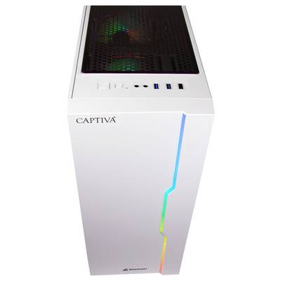 Ein weißer Desktop-Computerturm mit dem Markennamen 'CAPTIVA' auf der Vorderseite. Weist ein schlankes Design mit einem farbigen Lichtstreifen auf.