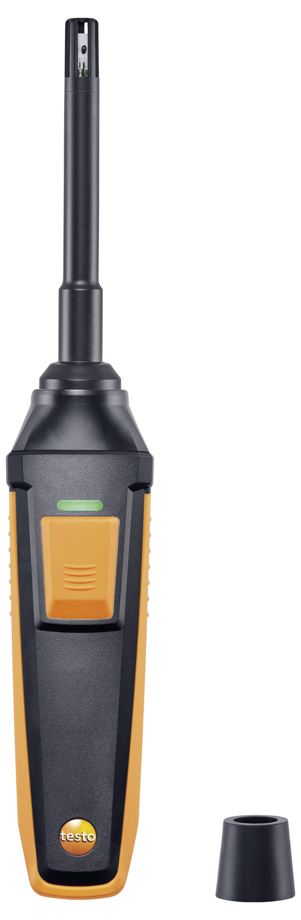 Ein tragbares digitales Gerät mit einem orange-schwarzen Gehäuse verfügt über einen Bildschirm und einen Sensor an der Oberseite, der zur Messung von Luftparametern verwendet wird.