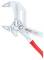 Verstellbare Zange mit silbermetallischer Oberfläche und roten Griffschalen. Der Kopf verfügt über geschweifte Backen und Markierungszeichen.