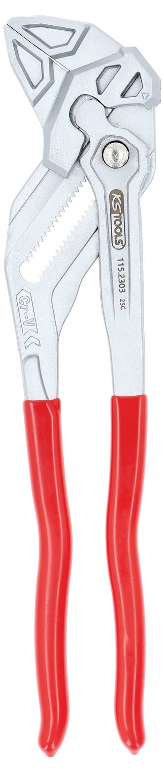 Zange mit roten Griffen und silberner Backe, konzipiert zum Greifen und Drehen von Gegenständen.