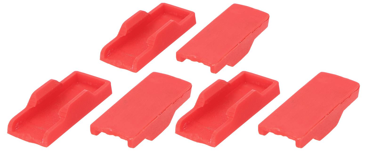 Sechs rote Plastikklammern sind auf einer weißen Oberfläche ausgelegt, gleichmäßig verteilt in zwei Reihen mit je drei Klammern.