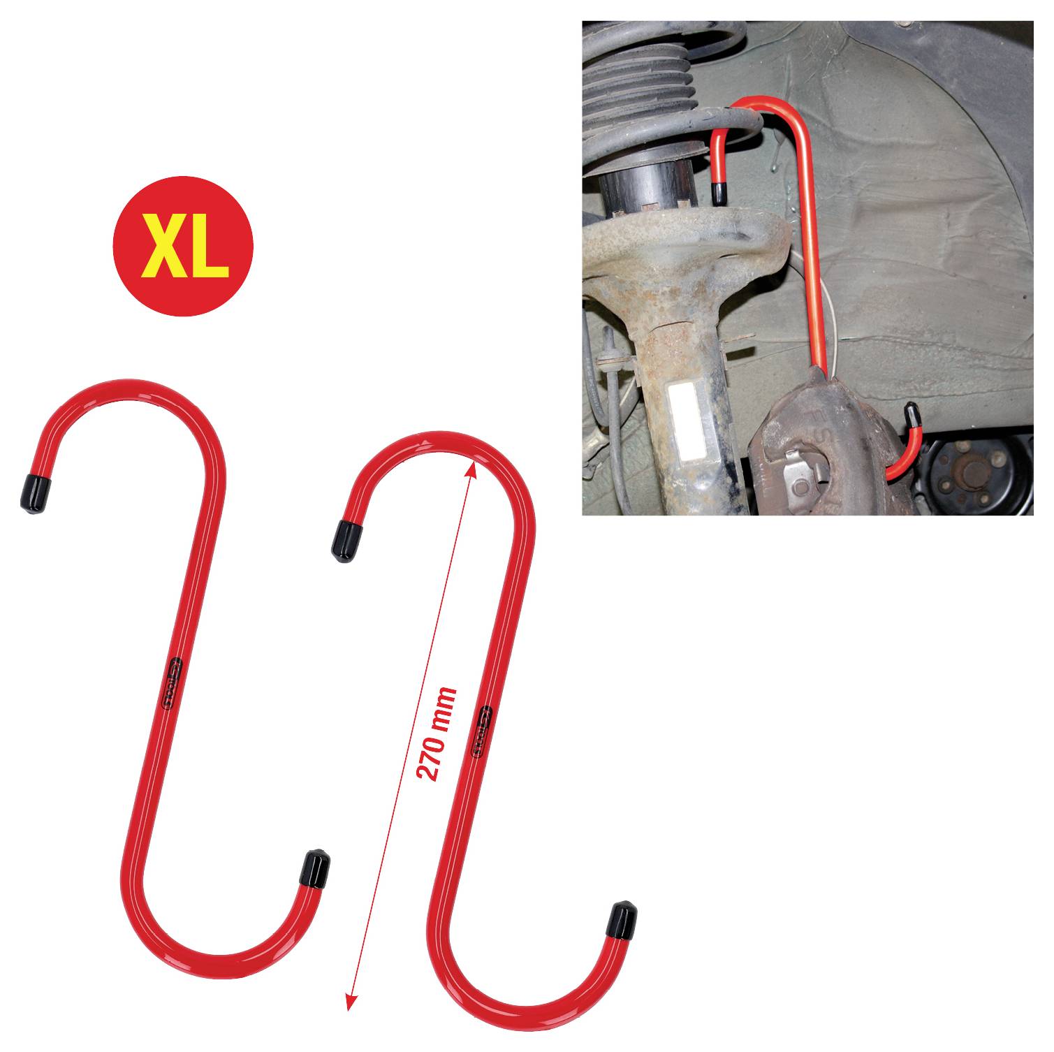 'XL' rote S-Haken mit schwarzen Spitzen für den Automobilbereich, die ein Federelement an seiner Position halten. Länge als 270 mm gekennzeichnet.