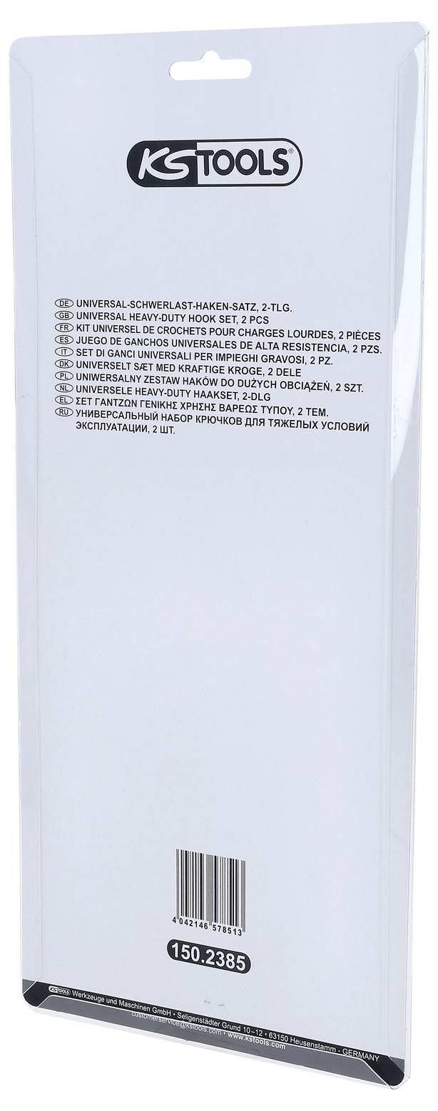 Ein Produktpaket für den 'KS Tools Universal-Spanngurtset, 2-teilig' wird gezeigt. Text in mehreren Sprachen, der das Produkt beschreibt, ist sichtbar.