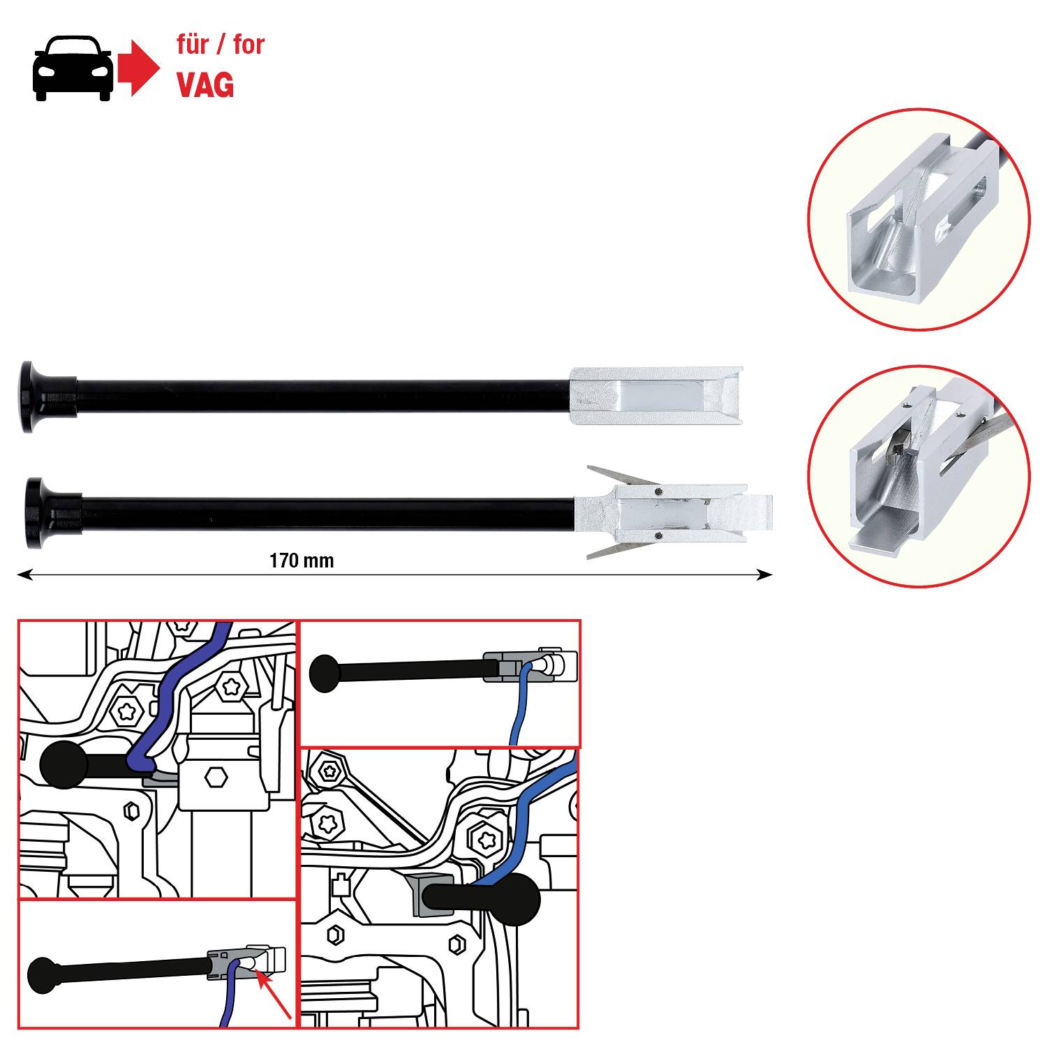 Zwei Metall-Ausrichtungswerkzeuge mit schwarzen und silbernen Abschnitten, mit der Längenangabe '170 mm'. Illustrierte Ausrichtungsdiagramme zeigen die Verwendung für VAG-Fahrzeuge.