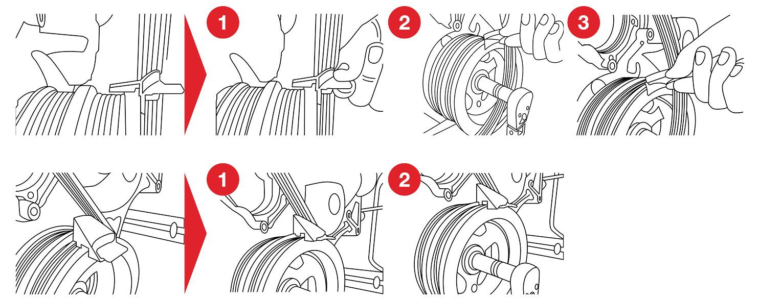 Reifenrotationsanleitung: 1. Bolzen lösen, 2. Rad abnehmen, 3. Vorderrad auf Hinterachse setzen, Hinterrad auf Vorderachse. Vorgang auf beiden Seiten wiederholen.