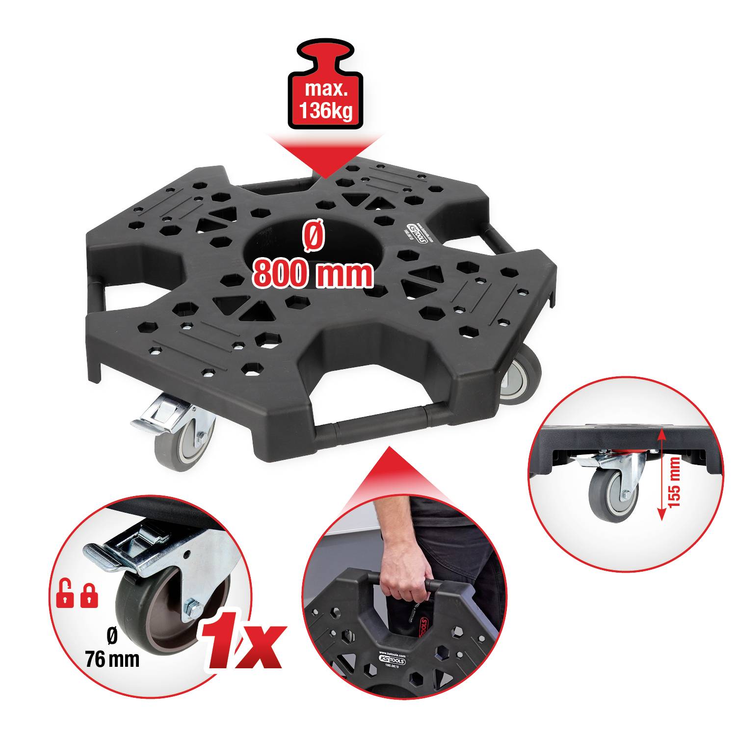 Transportwagen mit einer Tragfähigkeit von 136 kg, 800 mm Durchmesser. Ausgestattet mit leicht zu greifendem Griff, robusten Rädern mit 155 mm Höhe, 76 mm Verriegelungen.