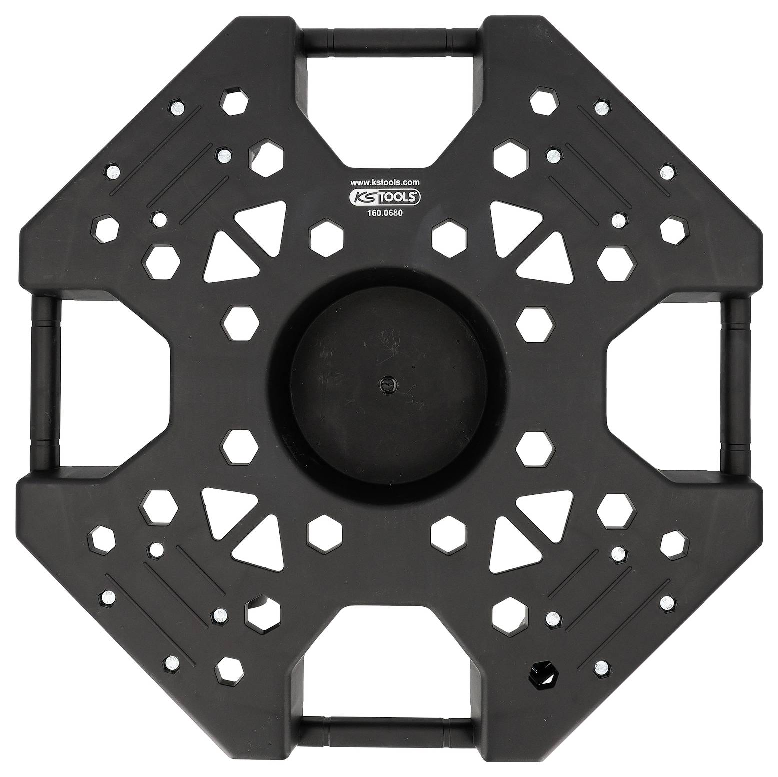 'KS TOOLS 160.0840' Arbeitsständer Stützplatte, schwarz, sechseckige Form mit mehreren Schlitzen und Griffen für Funktionalität und Mobilität.