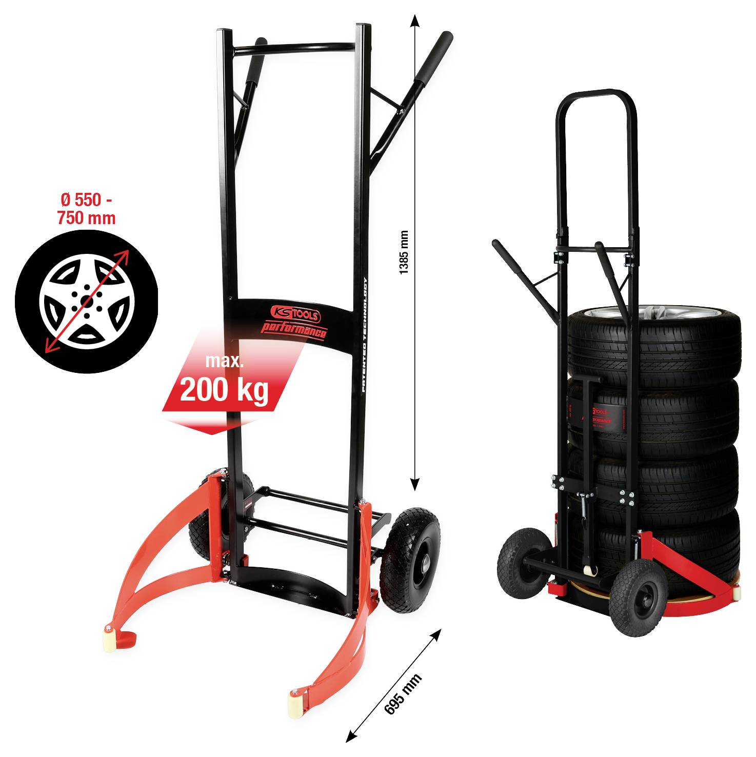 'Reifentransportwagen mit schwarzem Rahmen und roten Stützen. Max. Tragkraft 200 kg. Geeignet für Reifendurchmesser 550–750 mm, Höhe 1050 mm.'