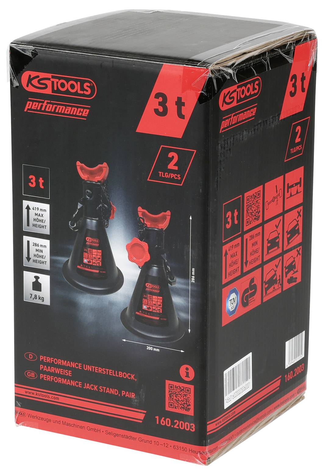Box-Aufschrift 'KS Tools Performance' mit Bild von zwei 3-Tonnen-Unterstellböcken. Betont eine Tragfähigkeit von 3 Tonnen, Duo-Pack und Leistungsmerkmale.