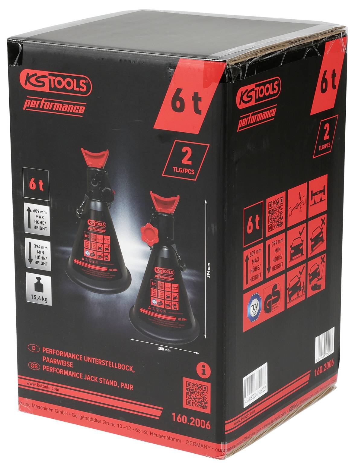 'KS Tools 6-Tonnen-Unterstellbock, 2er-Set, mit verstellbarer Höhe. Modellnummer 160.2006. Verpackung zeigt Produktbild und Spezifikationen.'