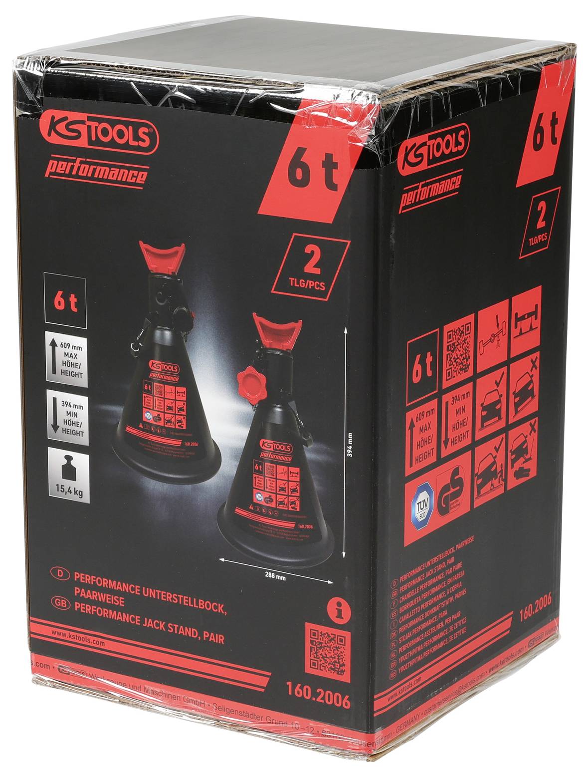KS Tools Performance-Wagenheber-Ständer, 6 Tonnen Tragfähigkeit, 2 Stück enthalten. Merkmale und Spezifikationen sind auf der Verpackung aufgeführt.