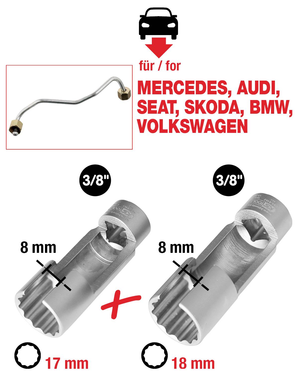 'Für Mercedes, Audi, Seat, Skoda, BMW, Volkswagen. Zwei 3/8"-Antriebswerkzeuge mit 8mm und 17mm oder 18mm Sechskantgrößen für spezifische Fahrzeugnutzung.'