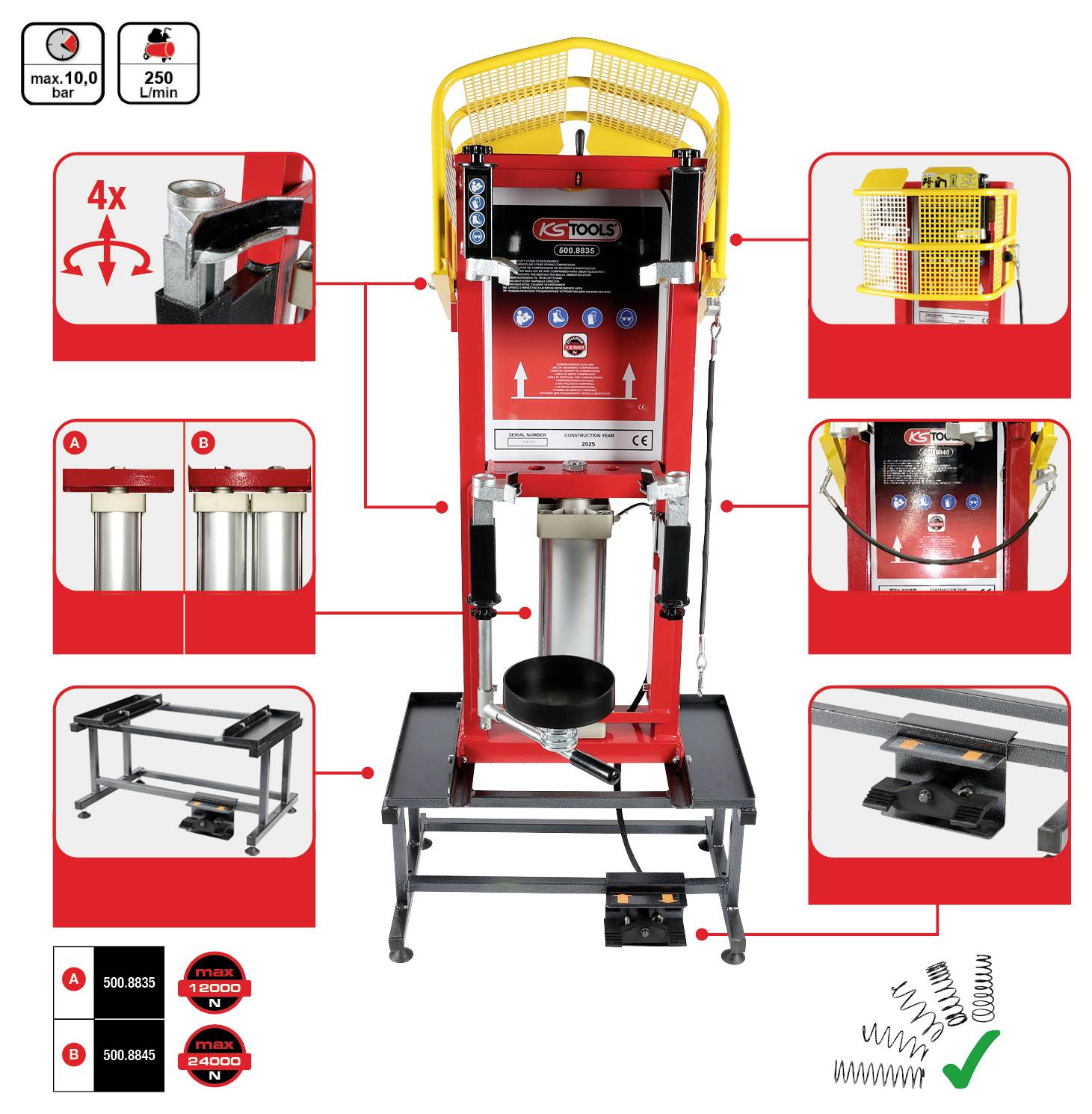 'KS Tools' hydraulische Presse in Rot mit einer maximalen Druckleistung von 10,0 bar und einem Fassungsvermögen von 250 Litern. Enthält Diagrammetiketten, die Merkmale wie Anbauteile, Sicherheitsmaßnahmen und Bedienungshinweise hervorheben.