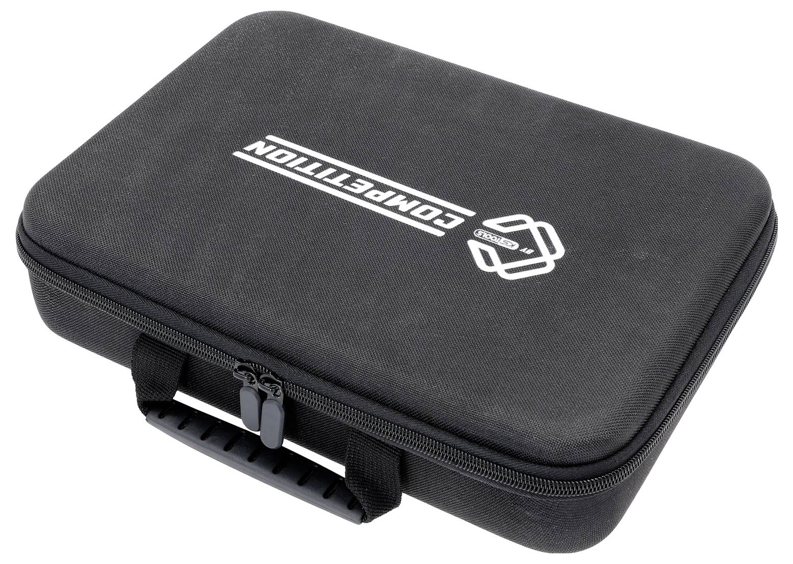 Eine schwarze Schutz-Transporttasche mit dem Wort 'Competition' und einem Logo oben, ausgestattet mit einem Griff und einem Reißverschluss zum Schließen.