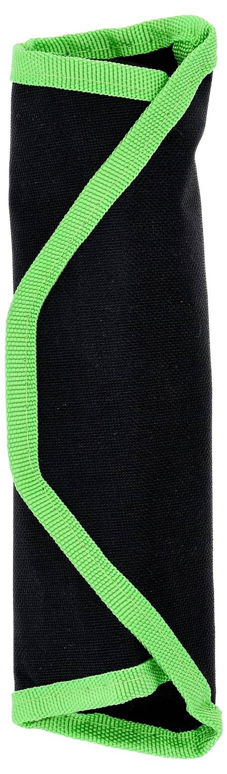 Schwarzer Stoff-Gewichtheber-Handgelenkbinder mit hellgrünem Rand und verstellbarem Riemen, auf weißem Hintergrund gefaltet dargestellt.