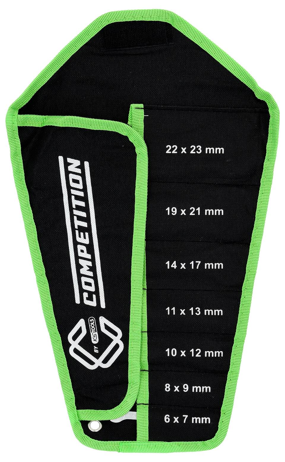 Schwarzer Wettkampf-Zielhalter mit grüner Einfassung und vorderer Klappe, mit beschrifteten Schlitzgrößen von 6 x 7 mm bis 22 x 23 mm.