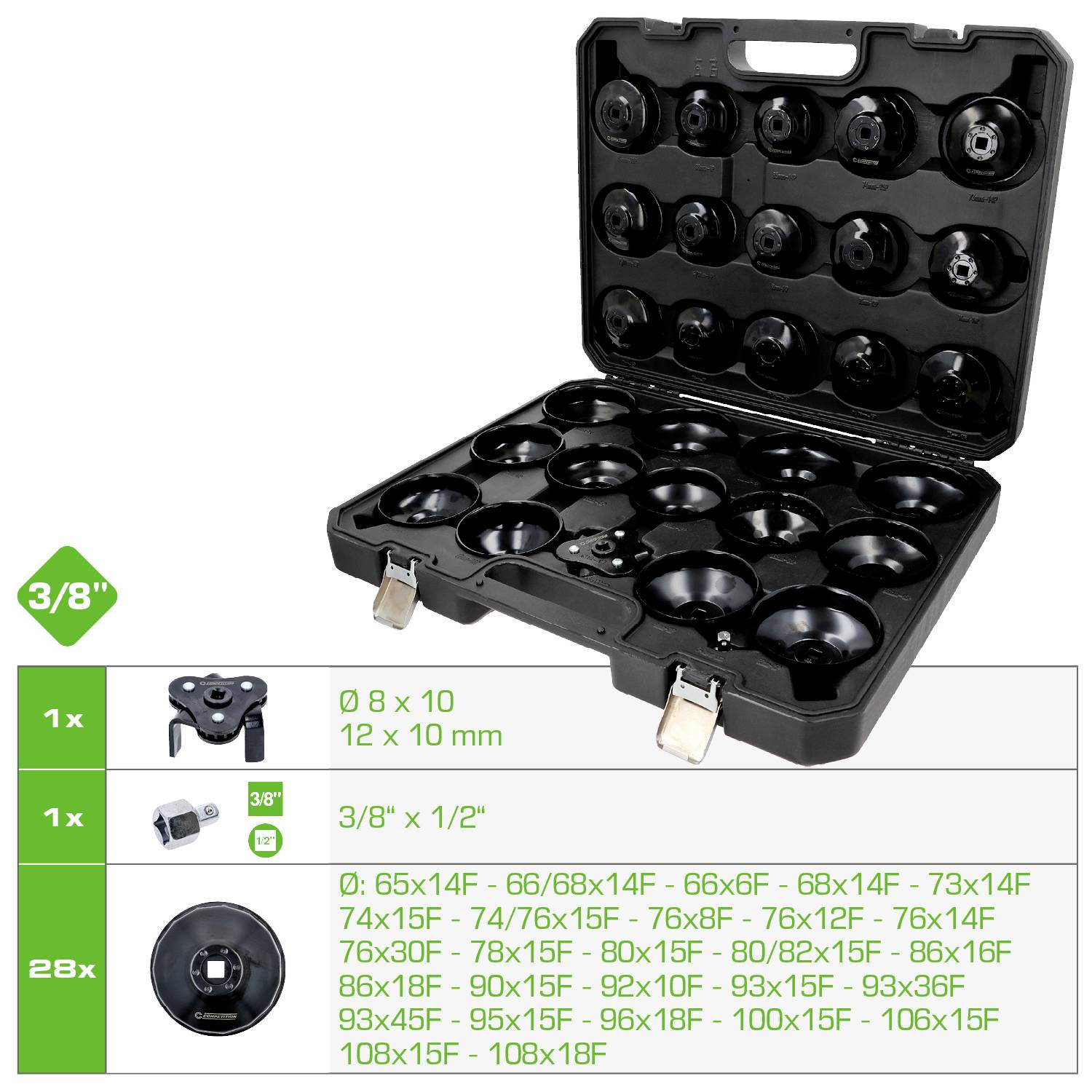 38-teiliges Ölfilter-Schraubenschlüssel-Set mit 3/8-Zoll und 1/2-Zoll-Größen. Inklusive Adapter und verschiedenen Bechergröße für verbesserte Kompatibilität.