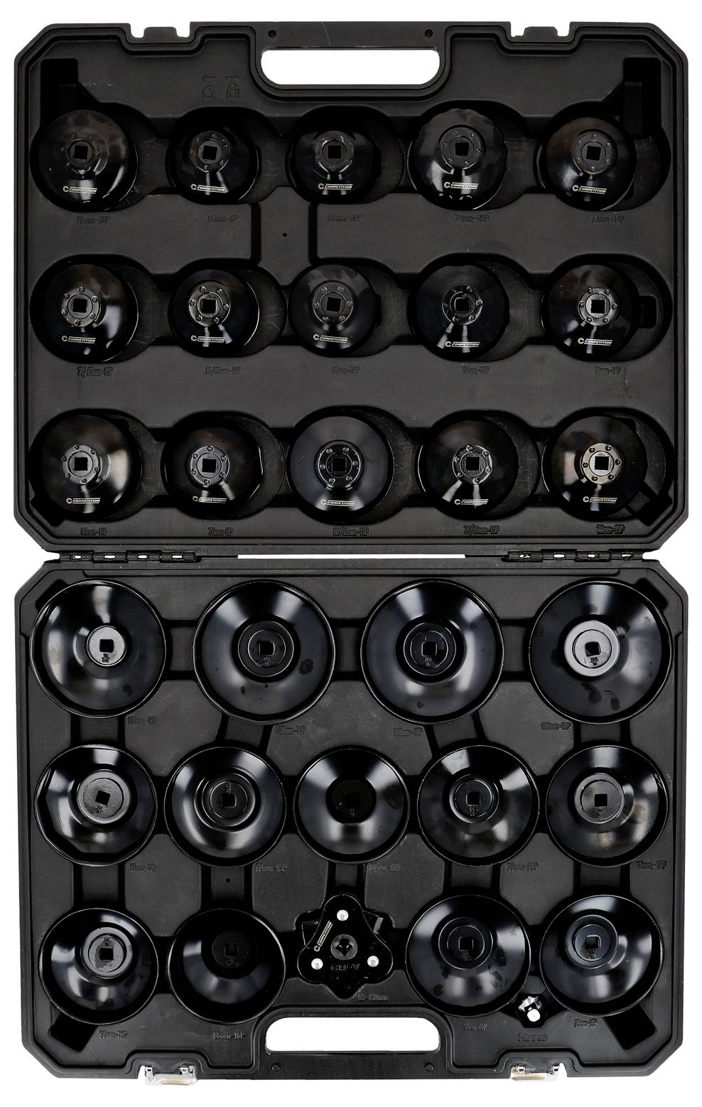 Eine schwarze Kunststoffbox, die 28 verschiedene Größen von Ölfilterkappe-Schlüsseln in einer organisierten Anordnung enthält.