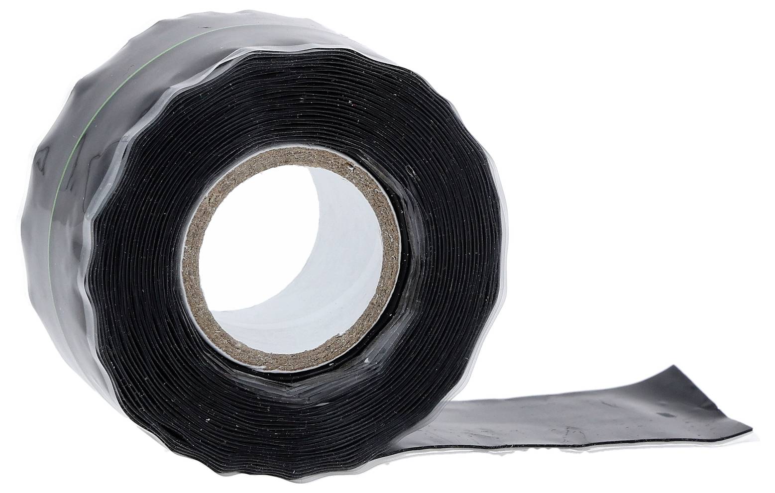 Eine Rolle schwarzes wasserdichtes Klebeband, teilweise abgerollt, geeignet zum Abdichten von Lecks und zur Isolierung.