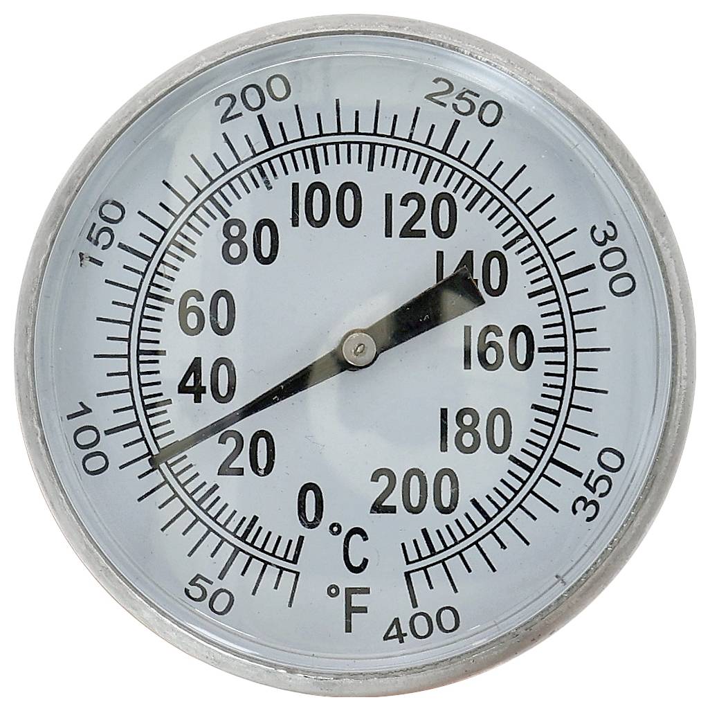 Ein rundes Thermometer mit beiden Celsius- und Fahrenheit-Skalen, wobei die Nadel auf 140°F (60°C) zeigt.