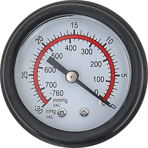 Vakuummanometer der Marke 'Reeves' mit Anzeige von 0 mmHg bis -760 mmHg auf der schwarzen Skala und 0 bis -30 inHg auf der unteren Skala.