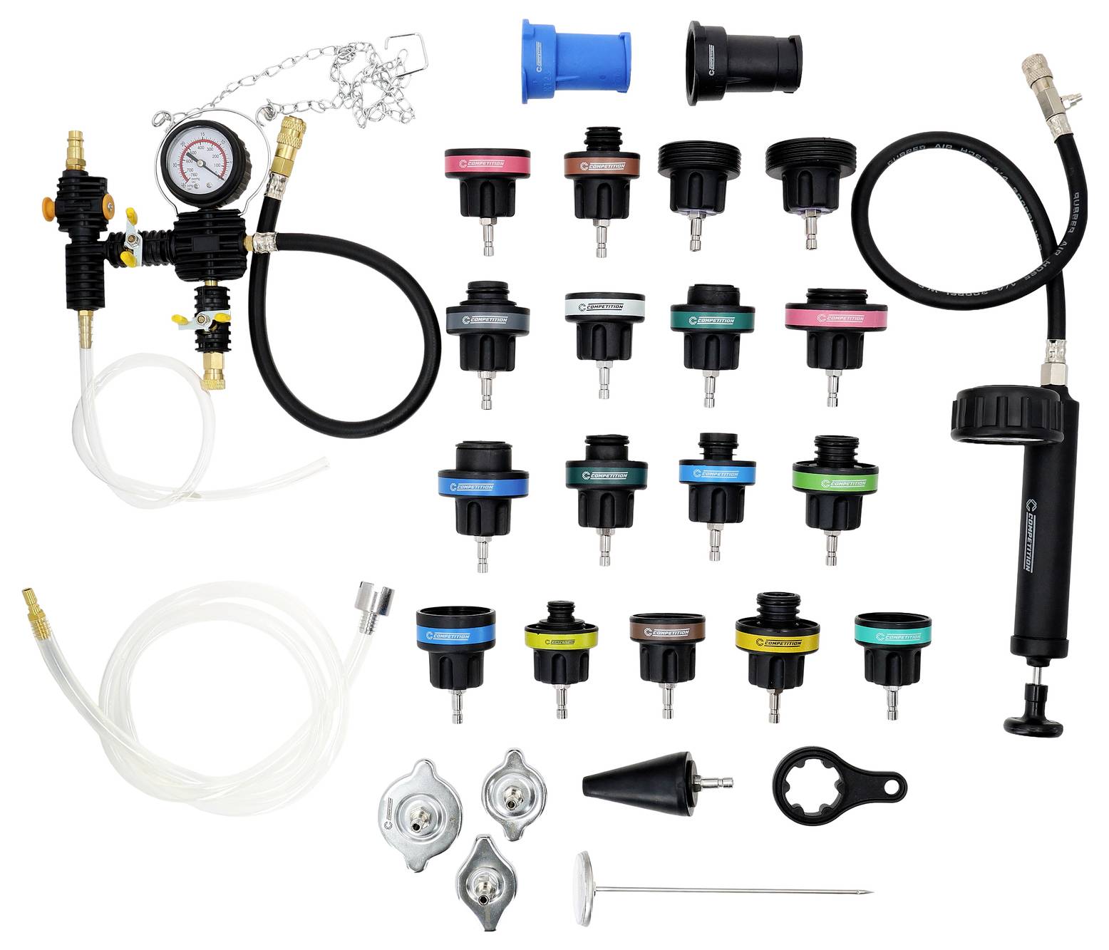 Ein Kühler-Druckprüfgerät-Set mit Manometer, Schläuchen und zwanzig Adapterdeckeln für verschiedene Automodelle, verwendet zur Diagnose von Lecks im Kühlsystem.