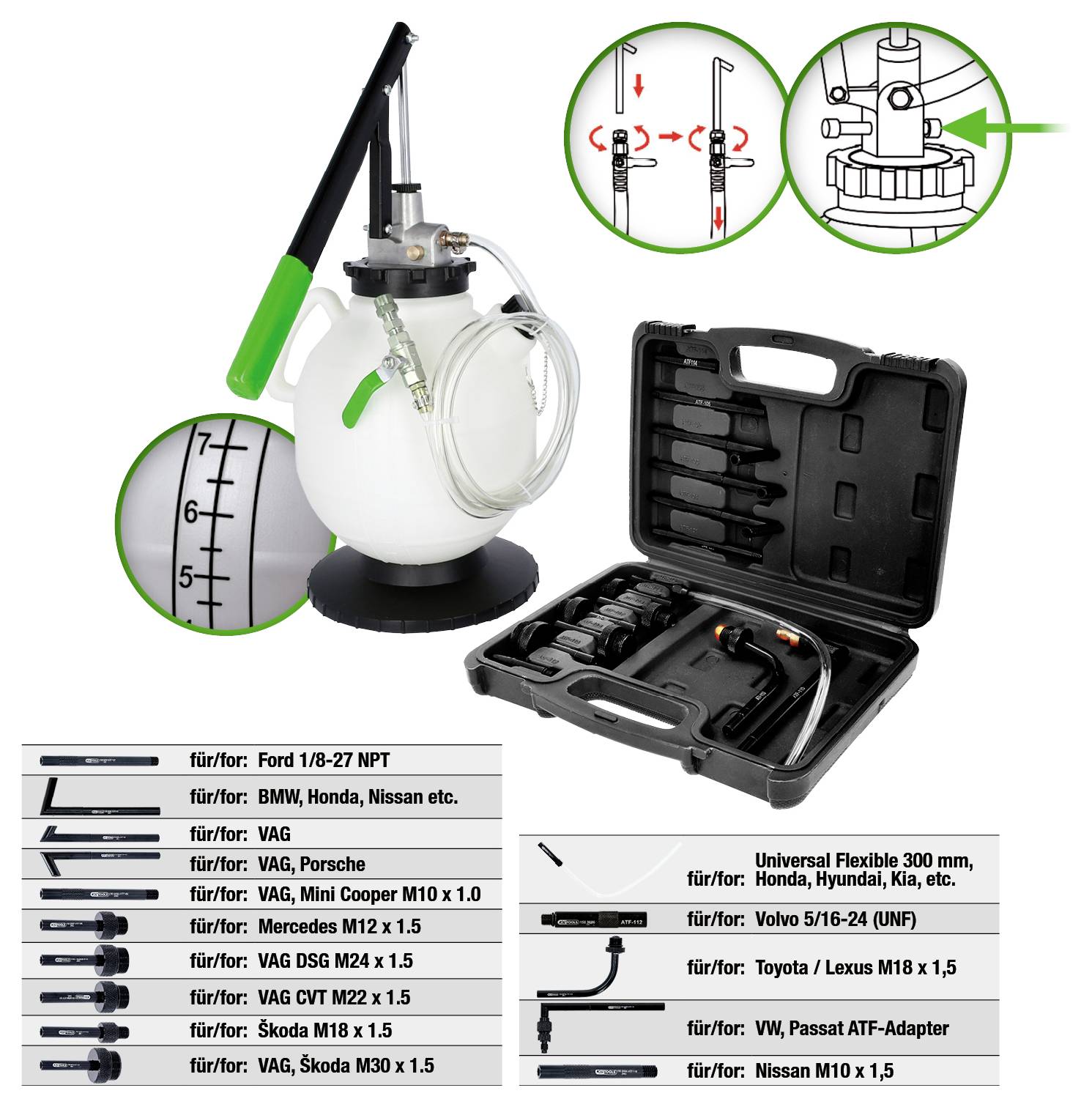 Flüssigkeitsextraktions-Set mit weißem Tank, Druckpumpe, verschiedenen Adaptern und flexiblem Schlauch. Kompatibel mit verschiedenen Automodellen.