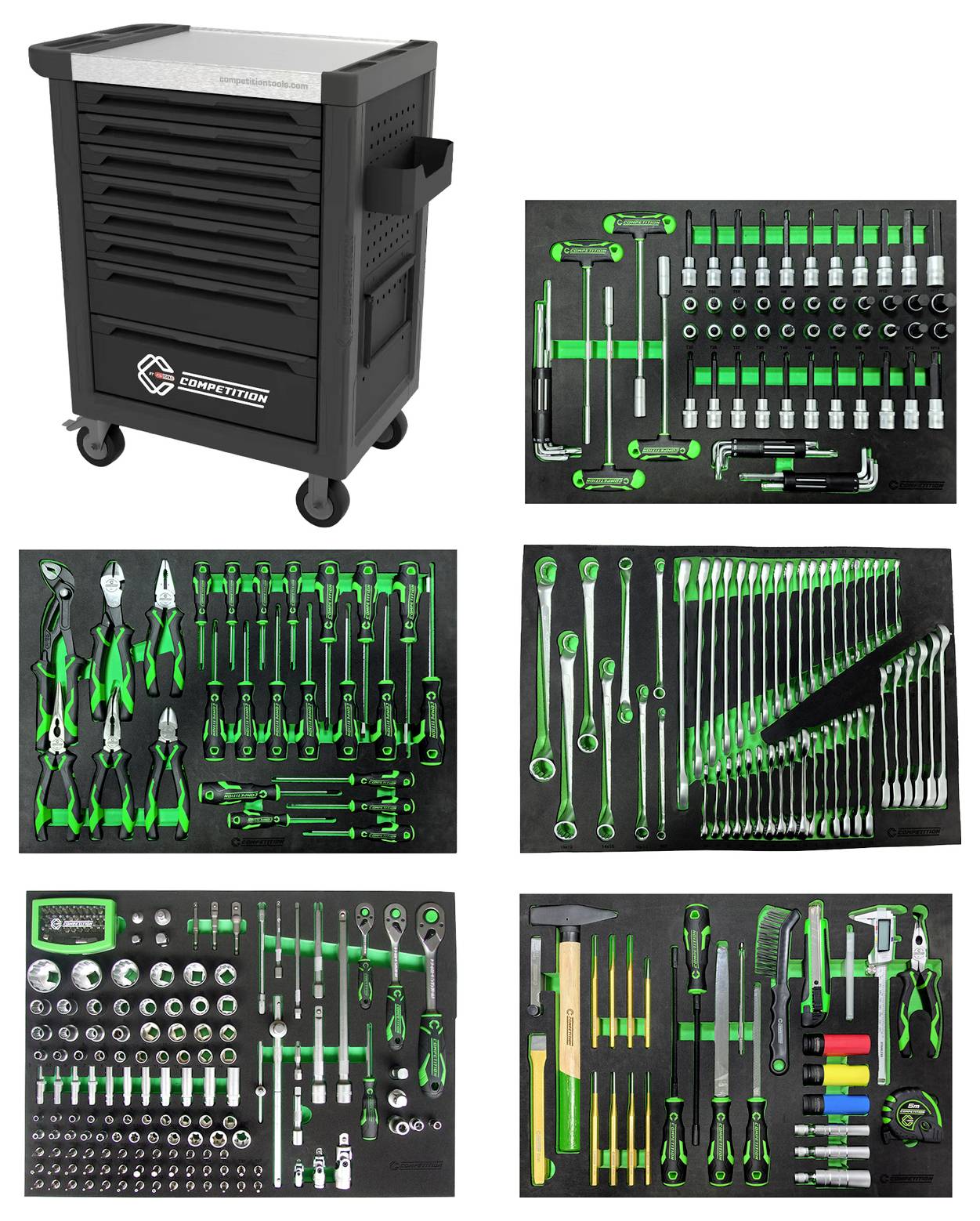 Eine schwarze Werkzeugkiste auf Rollen mit mehreren Schubladen und einem offenen Fach, das organisierte Werkzeuge wie Schraubenschlüssel, Schraubendreher, Zangen und Hämmer zeigt, alle ordentlich auf schwarzem Schaumstoff angeordnet.