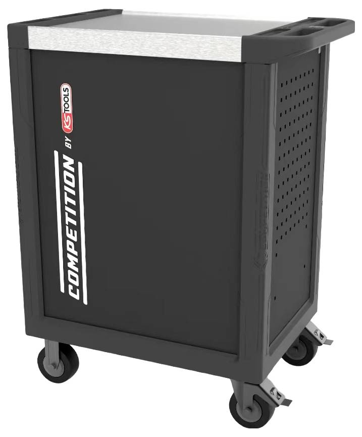 Ein schwarzer Werkzeugwagen mit vier Lenkrollen, markiert mit 'COMPETITION by KS Tools', ausgestattet mit einer weißen Arbeitsplatte und seitlichen Lochungen.